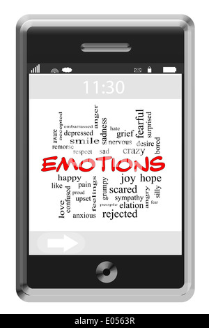 Émotions mot Concept Cloud sur un téléphone à écran tactile avec beaucoup de termes comme heureux, triste, craintif et plus encore. Banque D'Images
