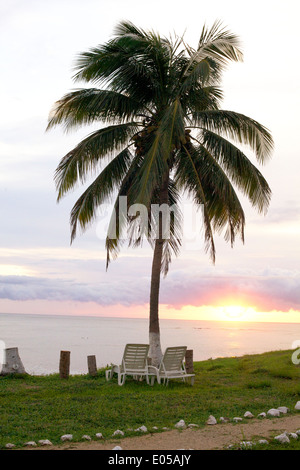 Un ensemble de chaises sous un palmier donnent sur le coucher du soleil sur l'océan. Banque D'Images