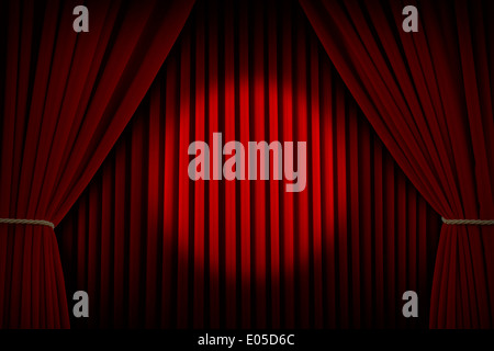 Rideaux de scène en velours rouge avec le Centre de l'actualité. Banque D'Images