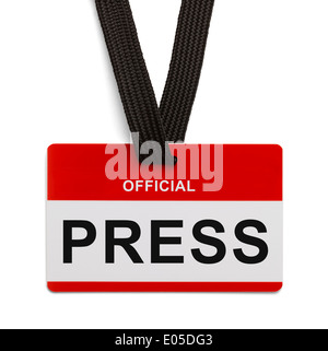 Badge de presse rouge et blanc isolé sur fond blanc. Banque D'Images