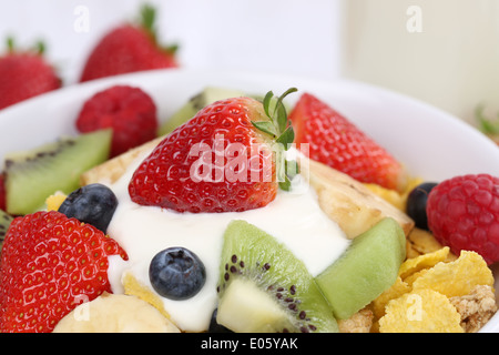 Close up avec du yogourt céréales fruits, fraises, framboises, bananes, kiwis et les bleuets pour le petit déjeuner Banque D'Images