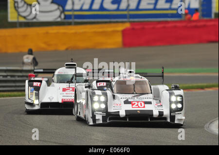 02-03.05,2014. Spa, Belgique. 6-Heures WEC endurance championship course automobile. # 20 L'équipe de Porsche (DEU) PORSCHE 919 HYBRID Timo Bernhard (DEU) Mark Webber (AUS) BRENDON HARTLEY (NZL) Banque D'Images