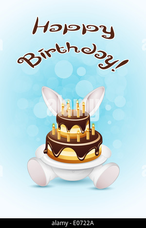 Joyeux Anniversaire Carte avec gâteau et lapin Banque D'Images