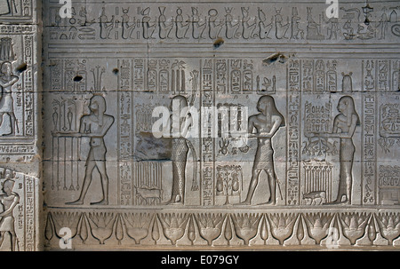 Egypte,Dendera temple ptolémaïque,de la déesse Hathor.Sculptures sur mur extérieur. Banque D'Images