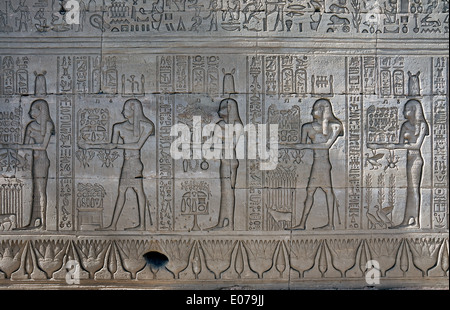 Egypte,Dendera temple ptolémaïque,de la déesse Hathor.Sculptures sur mur extérieur. Banque D'Images