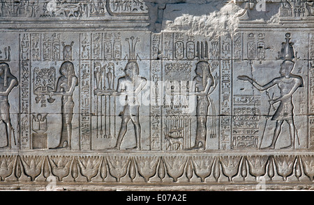 Egypte,Dendera temple ptolémaïque,de la déesse Hathor.Sculptures sur mur extérieur. Banque D'Images