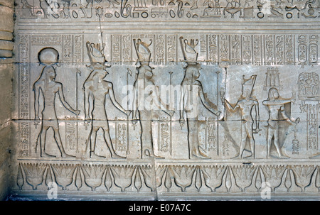 Egypte,Dendera temple ptolémaïque,de la déesse Hathor.Sculptures sur mur extérieur. Banque D'Images