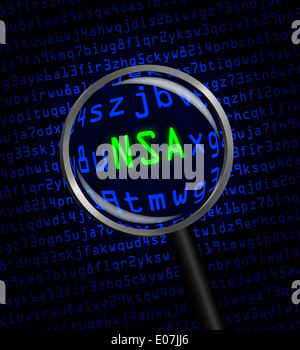 "NSA" en lettres vertes révélé en code machine ordinateur bleu à travers une loupe. Fond sombre. Banque D'Images