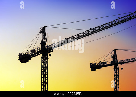 Deux grues silhouette au coucher du soleil Banque D'Images