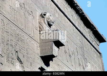 Diffuseur d'eau à tête de lion sur le mur extérieur du Temple d'Hathor à Dendérah Banque D'Images