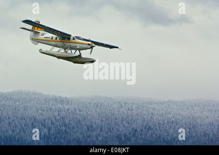 Harbour Air Seaplanes Turbo Otter hydravion survolant désert couvert de neige en Colombie-Britannique, Canada. Banque D'Images