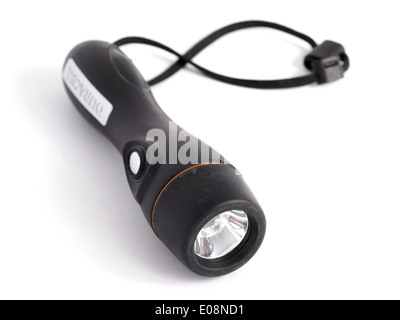 Lampe de poche Duracell noir avec dragonne isolé sur fond blanc Banque D'Images