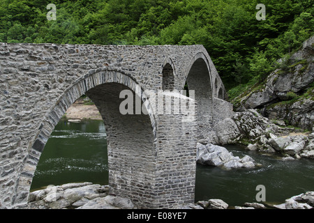 Vieux pont de pierre sur la rivière Ardino, Arda, Bulgarie Banque D'Images