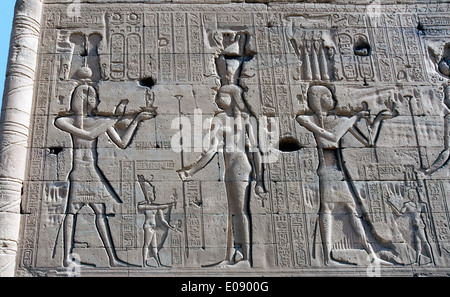 Egypte,Dendera temple ptolémaïque,de la déesse Hathor.Sculptures sur les murs extérieurs. Banque D'Images