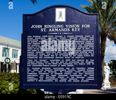 Plaque d'information décrivant la vision de John Ringling pour St Armand's Key, St Armand's Circle, Sarasota, la Côte du Golfe, Florida, USA Banque D'Images