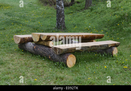 Un paysage de printemps dans le parc avec un banc et table de pique-nique en bois Banque D'Images