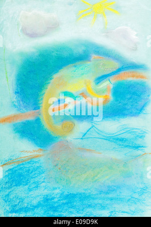 Dessin enfants - caméléon multicolore sur brindille et ciel bleu Banque D'Images