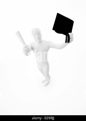 Personne inconnu habillé en costume blanc et cravate noire holding graduation hat et diplôme, vue d'en haut Banque D'Images