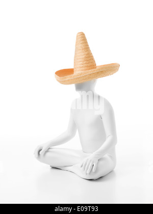 Mexicaine sans visage habillé en costume blanc avec sombrero sur la tête assis en position du lotus yoga Banque D'Images