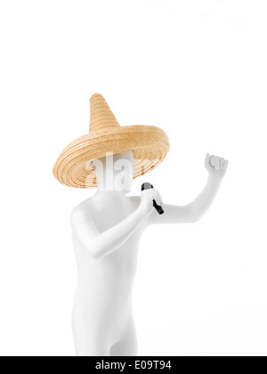 Mexicaine sans visage habillé en costume blanc avec sombrero sur la tête en chantant au micro Banque D'Images