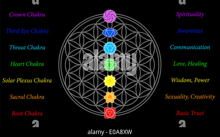 Les sept chakras principaux et leurs significations, qui correspondent parfaitement sur les jonctions de la Fleur-de-Life-Symbol. Banque D'Images