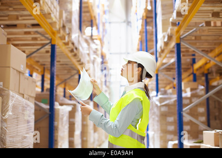 Femme warehouse worker checking stock Banque D'Images