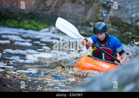 Mid adult man du kayak sur la rivière rapids Banque D'Images