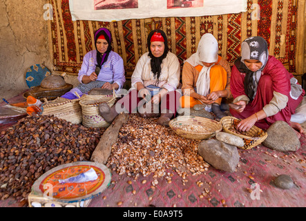 Les femmes berbères l'huile d'Argan extrait de noix d'Argan kernals à vallée de l'Ourika, Maroc Banque D'Images