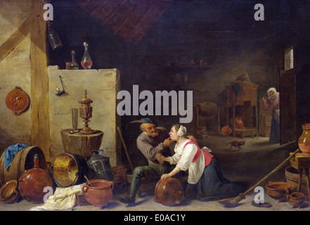 David Teniers le Jeune un vieux paysan caresse un ménage cuisine dans une étable Banque D'Images