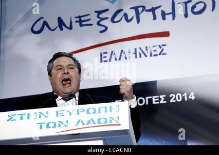 Thessalonique, Grèce. 07Th Mai, 2014. Panos Kammenos cris durant son discours. Chef de Grecs indépendants parti politique, Panos Kammenos, offre des discours pré-électoral à Thessalonique, Grèce le 7 mai 2014. Credit : Konstantinos Tsakalidis/Alamy Live News Banque D'Images