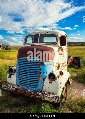 Abandonner pendant des années et les rouilles vieux camion sur une ferme Banque D'Images