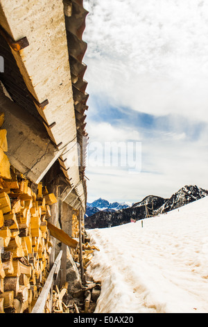 Tas de bois sur le toit d'une cabane dans les Alpes italiennes Banque D'Images