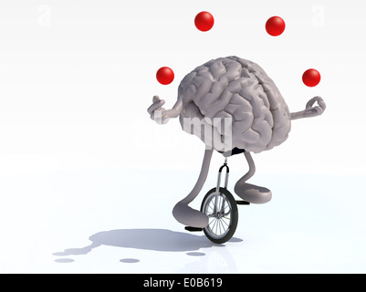 Cerveau humain avec les bras et les jambes de jongler avec des manèges d'un monocycle avec facilité, 3d illustration Banque D'Images