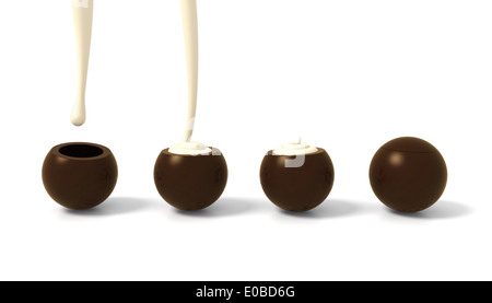 Illustration Pas de chocolat Pralines avec remplissage crème vanille beige sur fond blanc. Le mieux pour la fête des mères, anniversaires Banque D'Images