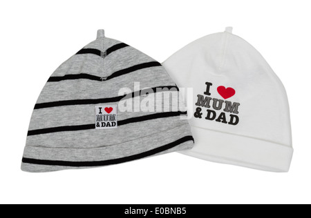 Deux chapeaux pour enfants avec l'inscription 'J'aime ma maman et papa' Banque D'Images