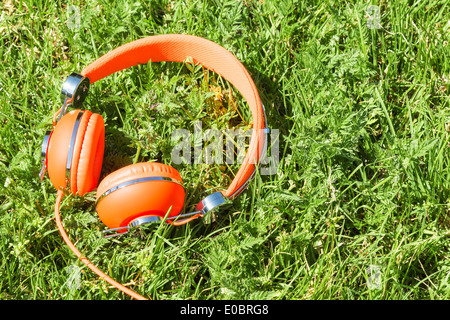 Écouteurs avec fil orange vif sur l'herbe ensoleillée Banque D'Images