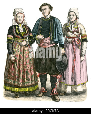 Costumes traditionnels de la France. Homme et femme de Bretagne, 19e siècle Banque D'Images