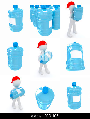 Set de 3d homme portant une bouteille d'eau avec de l'eau bleu sur fond blanc Banque D'Images
