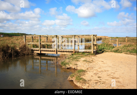 Une passerelle au-dessus d'une digue sur un sentier public sur les marais de Salthouse, Norfolk, Angleterre, Royaume-Uni. Banque D'Images