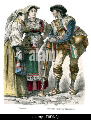 Costumes traditionnels de l'Italie, 19e siècle. Genzano et Pifferario (Apennins) Banque D'Images