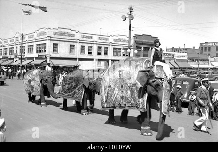 Cette image capture une parade des frères Ringling et du cirque Barnum & Bailey, mettant en vedette des éléphants et des artistes de cirque marchant le long d'une rue de la ville. L'événement représente un moment important dans l'histoire et le divertissement du cirque américain. Banque D'Images