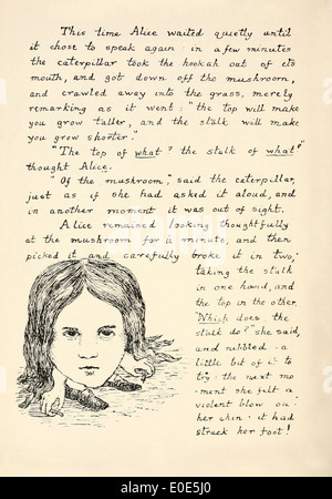 La page de l'original manuscrit pour 'Alice in Wonderland' à la main et illustré en 1864 par Lewis Carroll (1832-1898). Le texte raconte la rencontre d'Alice avec la chenille et l'illustration d'Alice brisant le champignon dans deux. Voir la description pour plus d'informations. Banque D'Images