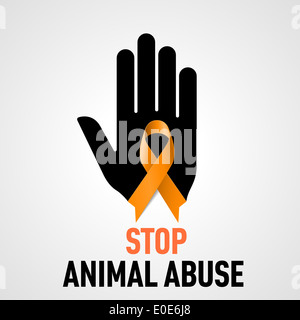 Arrêter la violence envers les animaux. Main noire avec ruban orange sur fond gris Banque D'Images