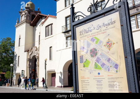 Los Angeles Californie, Olvera Street, Los Angeles Plaza quartier historique, patrimoine mexicain, El Pueblo de Los Angeles, panneau, carte, indications d'accès, la Plaza United Banque D'Images