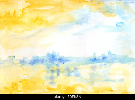 Aquarelle paysage romantique style Turner peinture abstraite en jaune et bleu. Banque D'Images