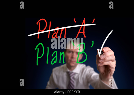 Un homme d'un dessin d'un Plan et Plan B concept sur un écran de verre. Banque D'Images