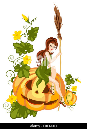 Fille assise sur une citrouille Halloween Banque D'Images