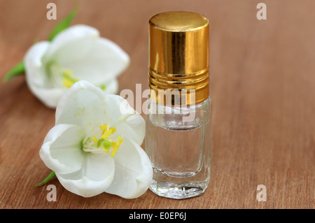 Orchidée blanche nain avec une bouteille d'extrait sur la surface en bois Banque D'Images
