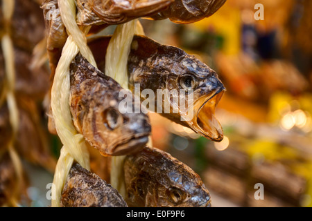 Sécher le poisson accroché à la vente sur le marché. Banque D'Images