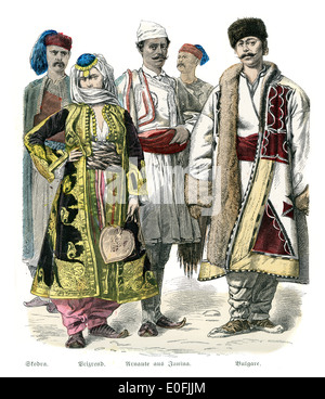 Costumes traditionnels de Turquie, 19e siècle. Skodra, Prizrend, Arnaute de Janina, Bulgare Banque D'Images